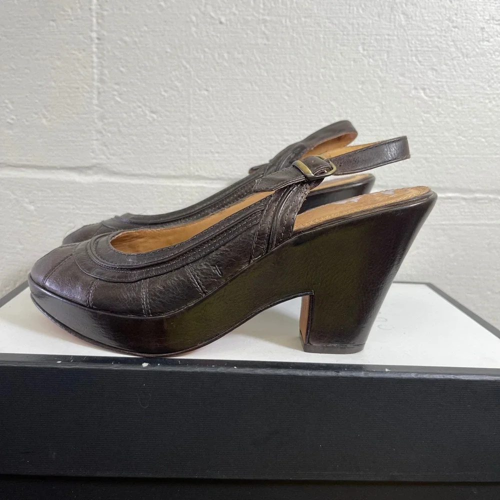 Frye Dark Brown Leather Platform Slingback Heels Sandals Women's Size 9.5B